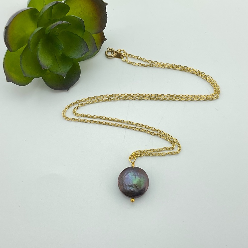 Purple Baroque Pearl Pendant Necklace, Handmade, Fresh Water Coin Pearl
